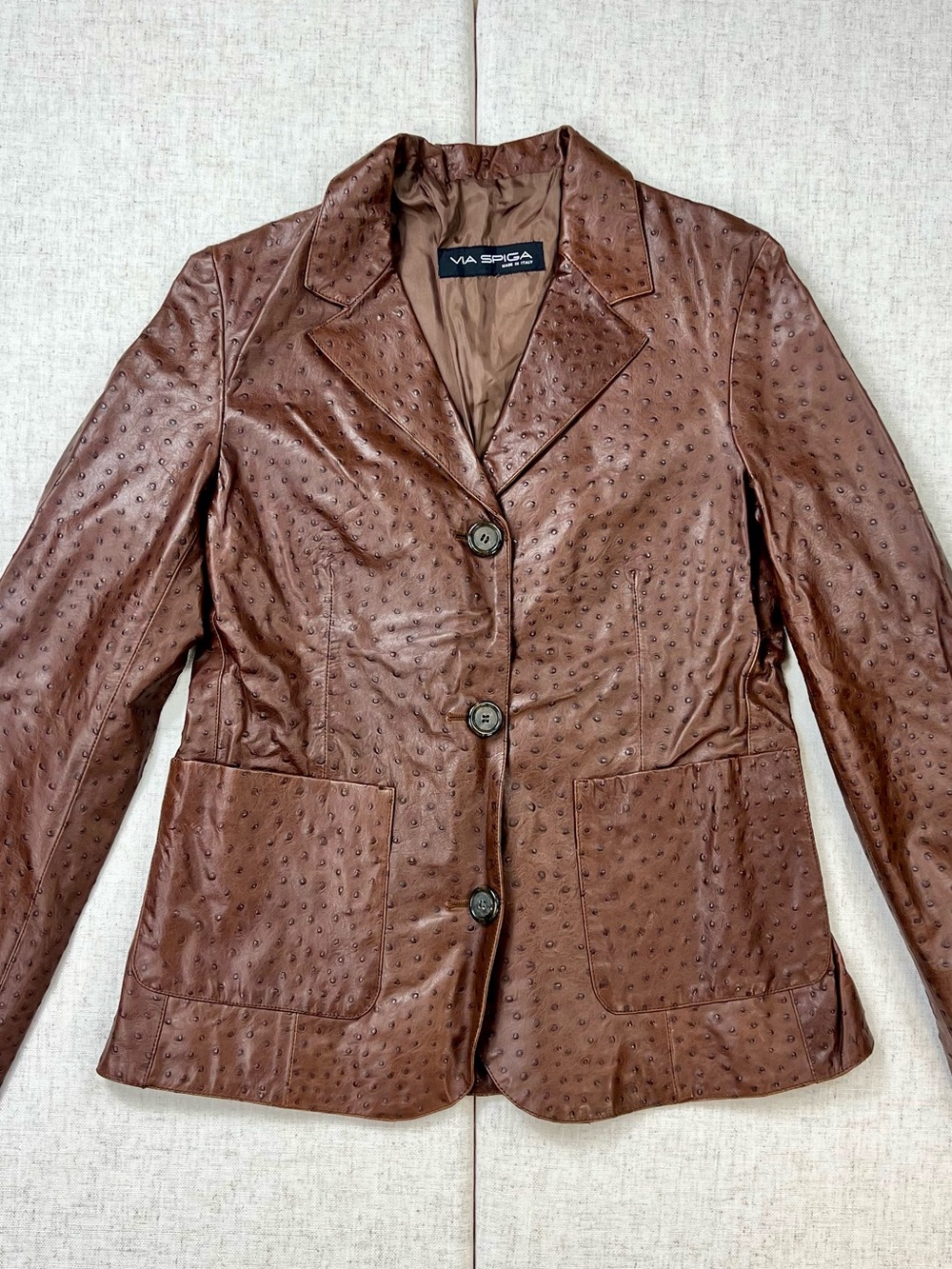 Via Spiga Brown Ostrich-Textured Leather Blazer